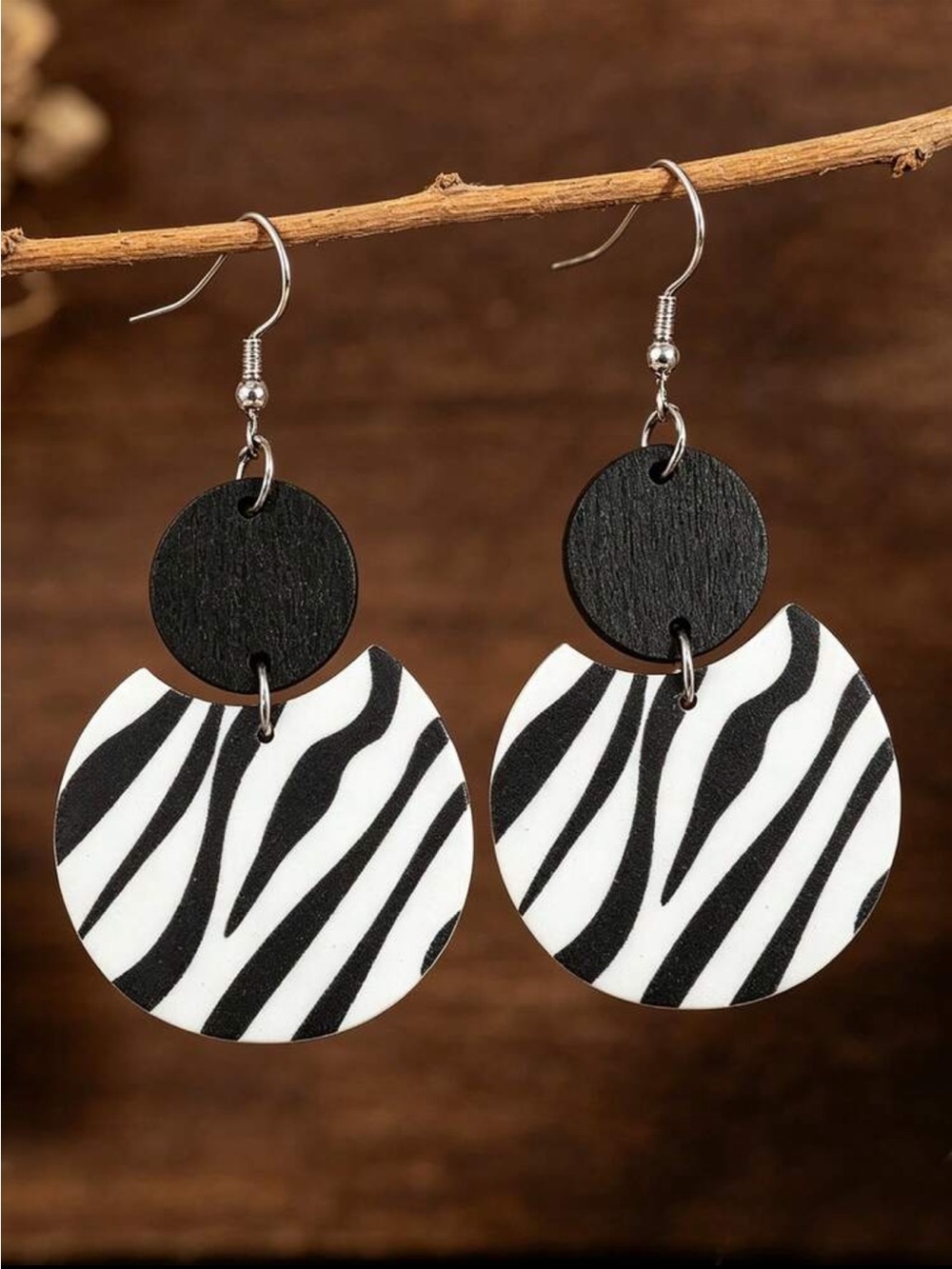 Zebra Print Round Drop Earrings - Black & White